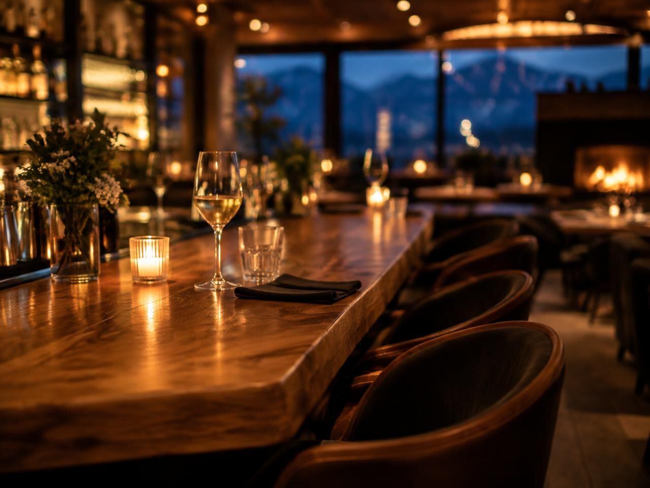 Candlelit wooden bar counter with a glass of white wine and mountain views