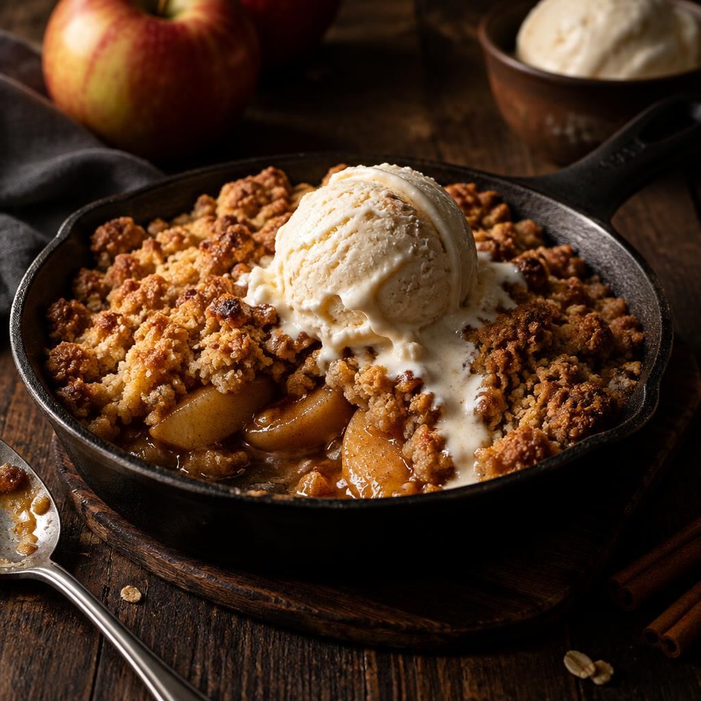 Skillet apple crumble with vanilla ice cream