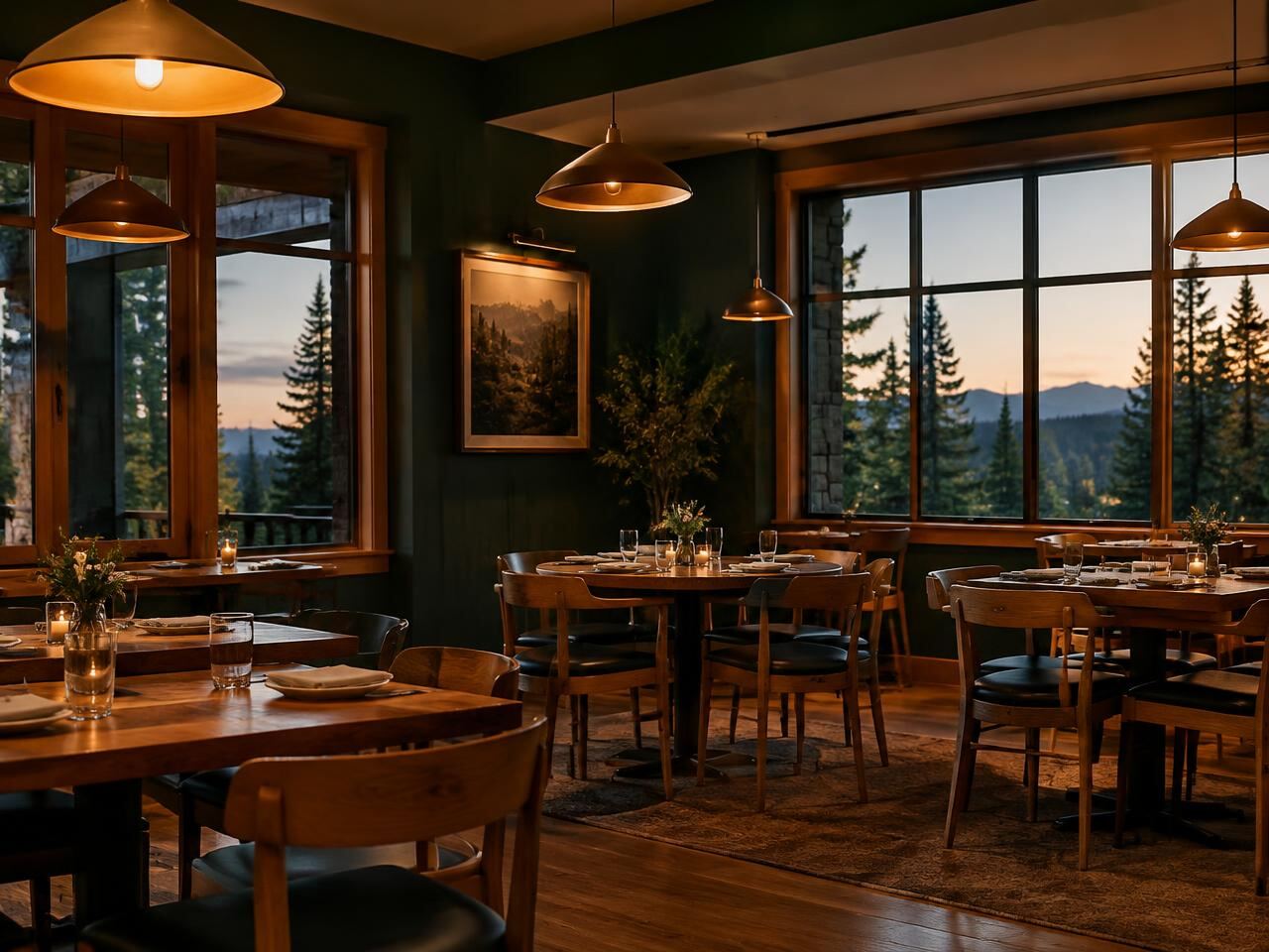 Warm dining room with wooden tables and pine views